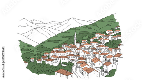 Charming village landscape with red roofs and mountain views in linear style