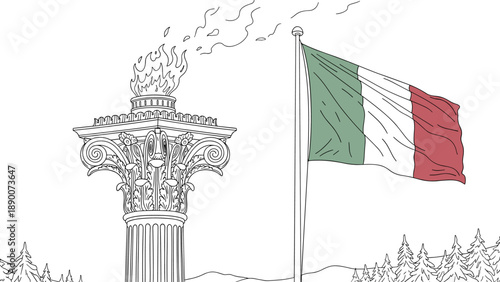 Italian torch and flag: classical monument line art in scenic landscape