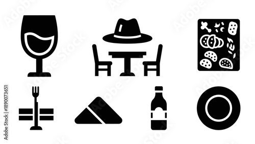 Restaurant icons: dining, food, and drink symbols in bold silhouette style