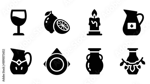 Silhouette icons of wine, citrus, candle, and decorative jugs
