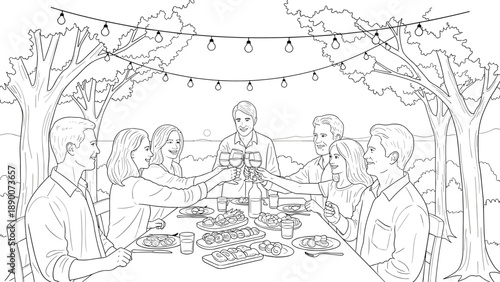 Friends celebrating outdoor dinner under string lights in nature