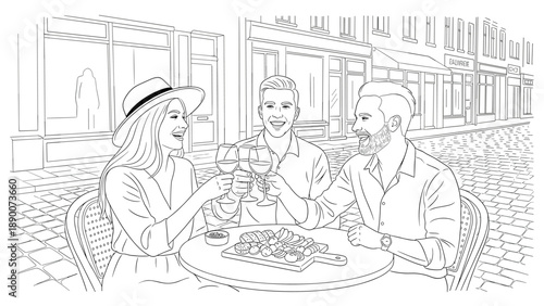 Friends enjoying wine and cheese at a café in a lively street scene sketch
