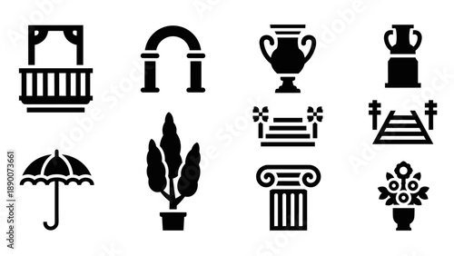 Elegant collection of classic architectural and decorative icons in silhouette style