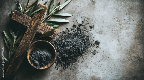 Wooden cross with ash, olive branches, and bowl on a textured, neutral-toned background