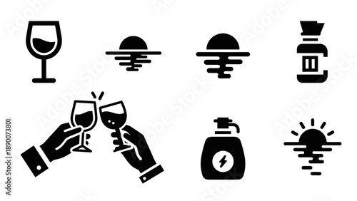 Minimalist icons: wine, sunrise, perfume, soap, and cheers silhouettes