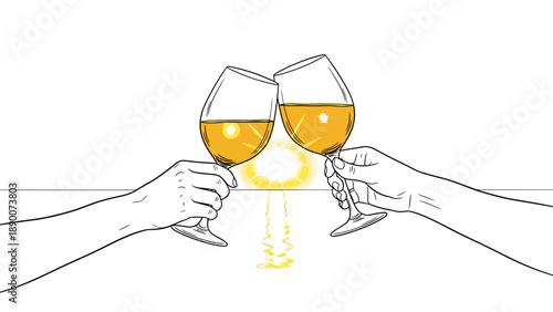 Celebratory toast with wine glasses in hand-drawn style against a bright sunburst