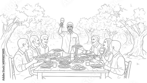 Family and friends enjoying a festive outdoor meal in nature’s embrace