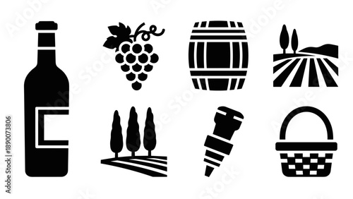 Icons of wine culture: bottle, grapes, barrel, vineyard, olive trees, corkscrew, basket