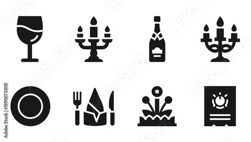 Elegant dining icons: wine glass, candelabra, champagne, cutlery, napkin, plate
