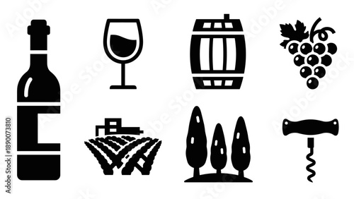 Wine icons set: bottle, glass, barrel, grapes, vineyard, corkscrew