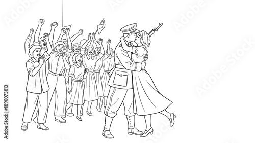 Celebration of victory: joyful crowd and iconic kiss in linear style
