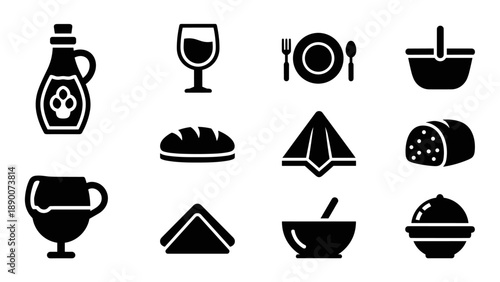 Simple food icons set: bread, snacks, and dining essentials in black and white silhouette