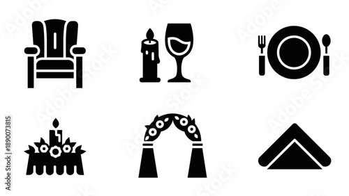Elegant wedding icons: dinner, decor, and celebration elements in black silhouette