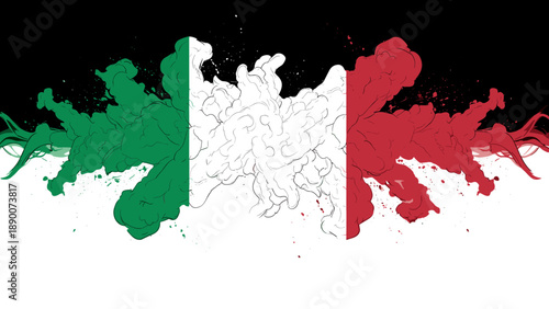 Colorful italian flag with dynamic smoke and paint splatter art