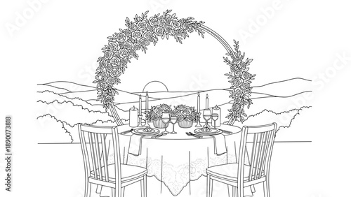 Elegant outdoor dining setting with floral arch and scenic sunset in line art