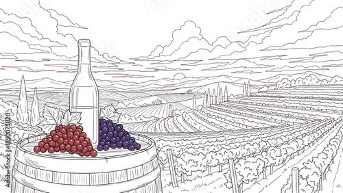 Scenic vineyard landscape with wine bottle and grapes in line art style