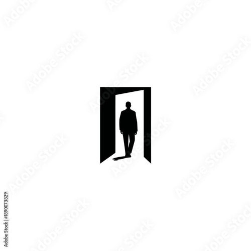 A silhouette of a man walking out of a door, with a long shadow cast on a white background
