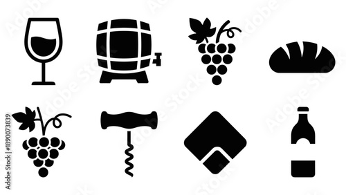 Wine and bakery icons collection featuring grapes, wine barrel, and corkscrew in bold silhouette style