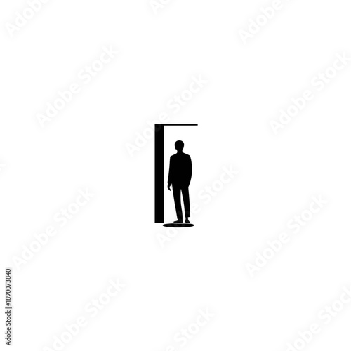 A silhouette of a man standing within a doorway, cast in stark black against a white background