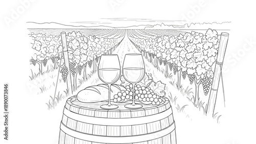 Wine country sketch: vineyard with grapes and wine glasses on barrel
