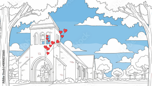 Romantic church wedding scene with red heart balloons in charming line art style