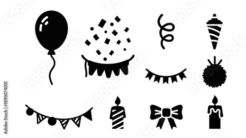 Celebration icons: festive birthday elements in minimalist black silhouette style