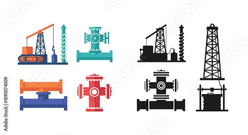 Industrial structures and oil rig icons in various colors and styles