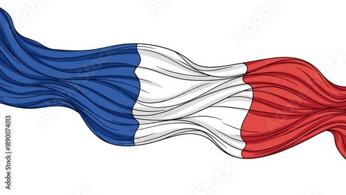 Flowing french flag with wavy stripes in red, white, and blue