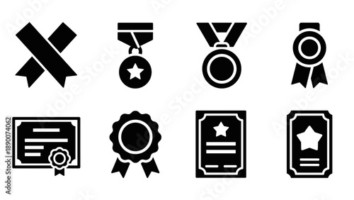 Black and white award badges and certificates icons set