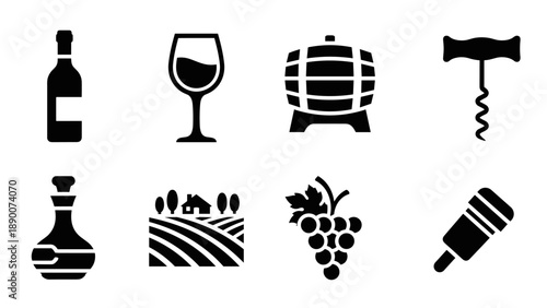 Wine icons set: silhouette symbols of bottles, glasses, barrels, and more
