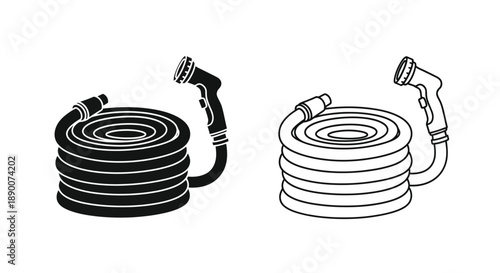 Coiled garden hoses in black and white line art illustrations