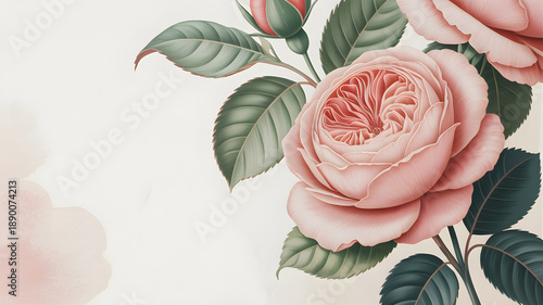 Vintage pink rose flower botanical illustration background