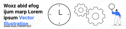 Clock symbolizes time, gears represent working and productivity processes, person with balloon symbolizes creativity. Ideal for teamwork, productivity, time management ideas, workflow, innovation
