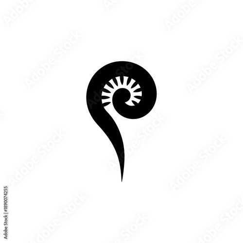 A stylized, black, spiral-shaped botanical form against a white backdrop. Shows intricate internal detail