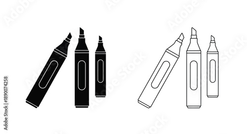 Black and white line art illustration of various marker pens