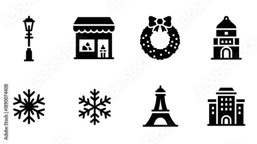 Christmas icons set: winter holiday symbols in bold black silhouette style