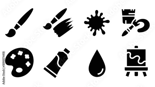 Silhouette art tools icons: brush, palette, canvas, and paint elements
