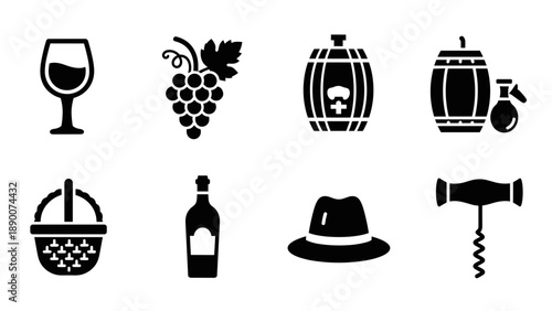 Wine and vineyard silhouettes: glass, barrel, grapes, and tools collection