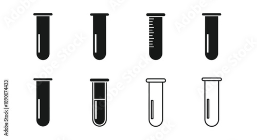 Black and white illustration of various laboratory test tubes and vials