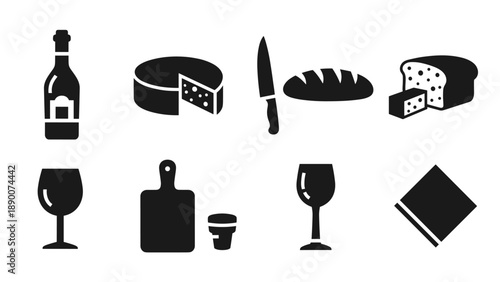 Wine and cheese icons: black silhouette set for culinary themes and dining graphics