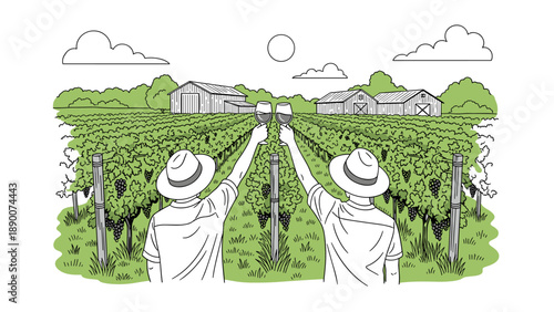 Linear vineyard celebration scene with toasting farmers in scenic countryside setting