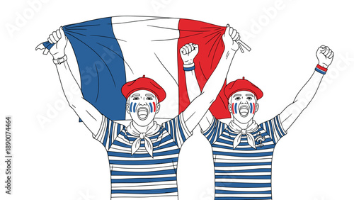 Enthusiastic fans celebrate with french national flag in hand-drawn style