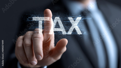 Businessman touching futuristic TAX display screen with glowing particles
