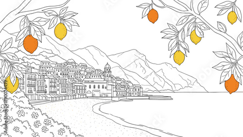 Coastal townscape with citrus trees: a linear outline of mediterranean charm