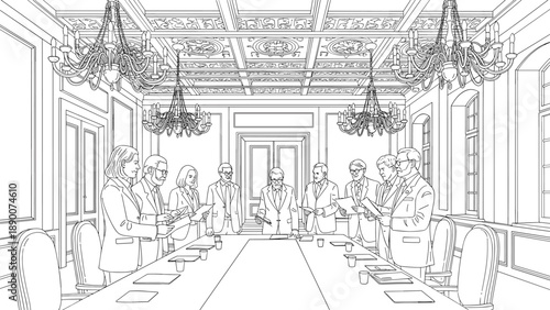 Elegant linear art of business meeting in classic boardroom with ornate ceiling and chandeliers