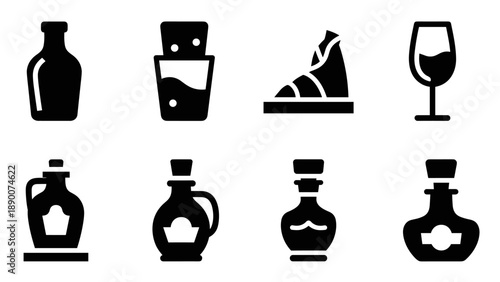 Set of black and white silhouette icons of bottles, drinks, and shoes