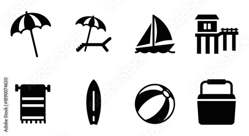 Beach silhouettes: umbrella, sailboat, lifeguard tower, and more