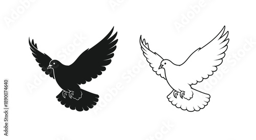 Two stylized pigeons one black silhouette one white outline in flight