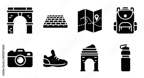 Travel icons set: backpack, map, camera, shoes, and historic landmarks