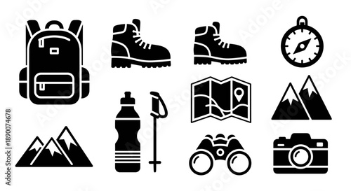 Outdoor adventure icons: hiking and camping essentials in black silhouette style